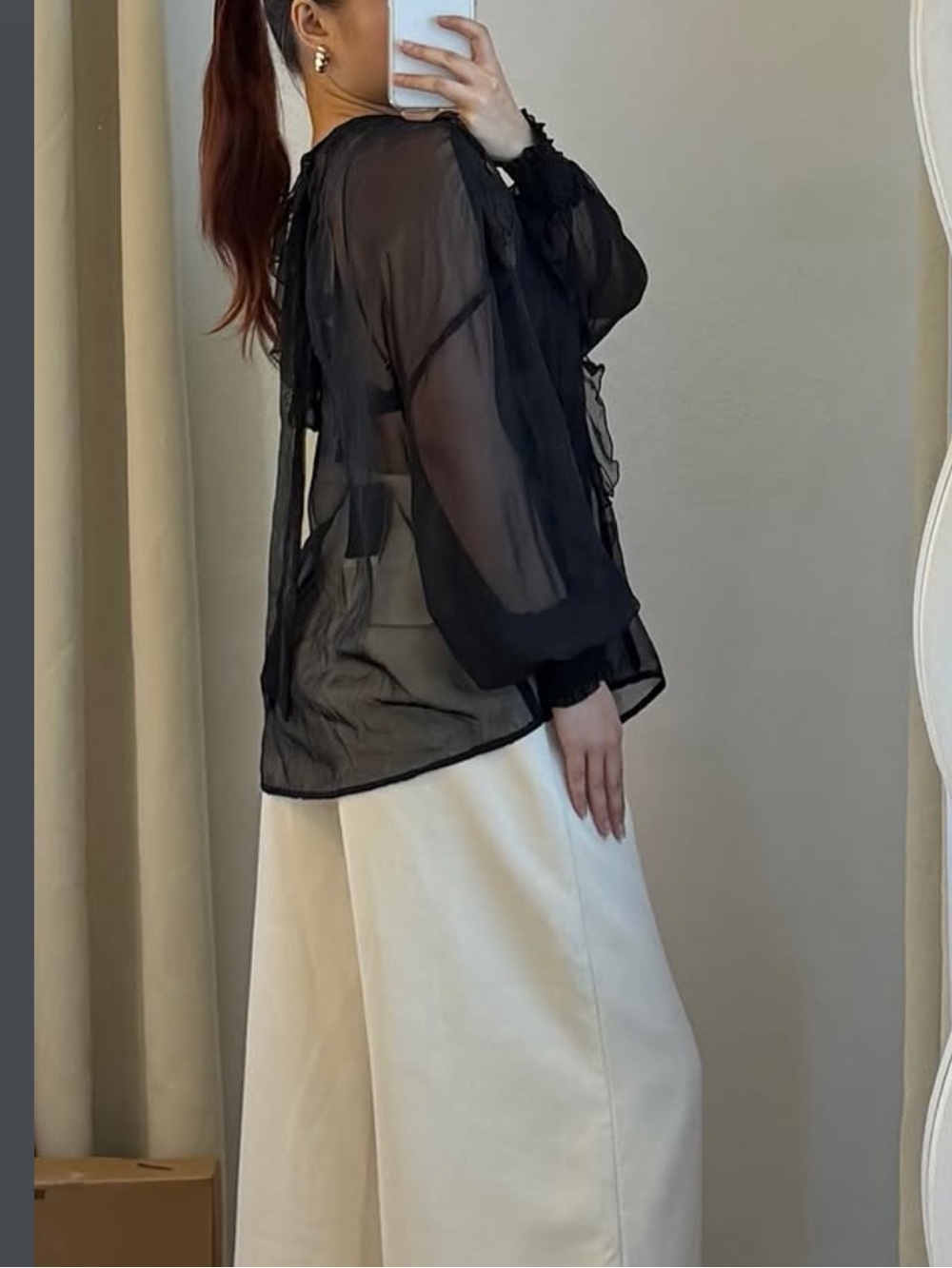 Zara NWT black ruffle long sleeve sheer mesh blouse - Picture 2 of 10